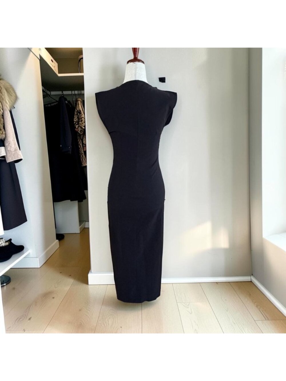 Zara Black Midi Dress Ruched Gold Snap Button Front V Neck Bodycon Size S Small - Picture 6 of 10